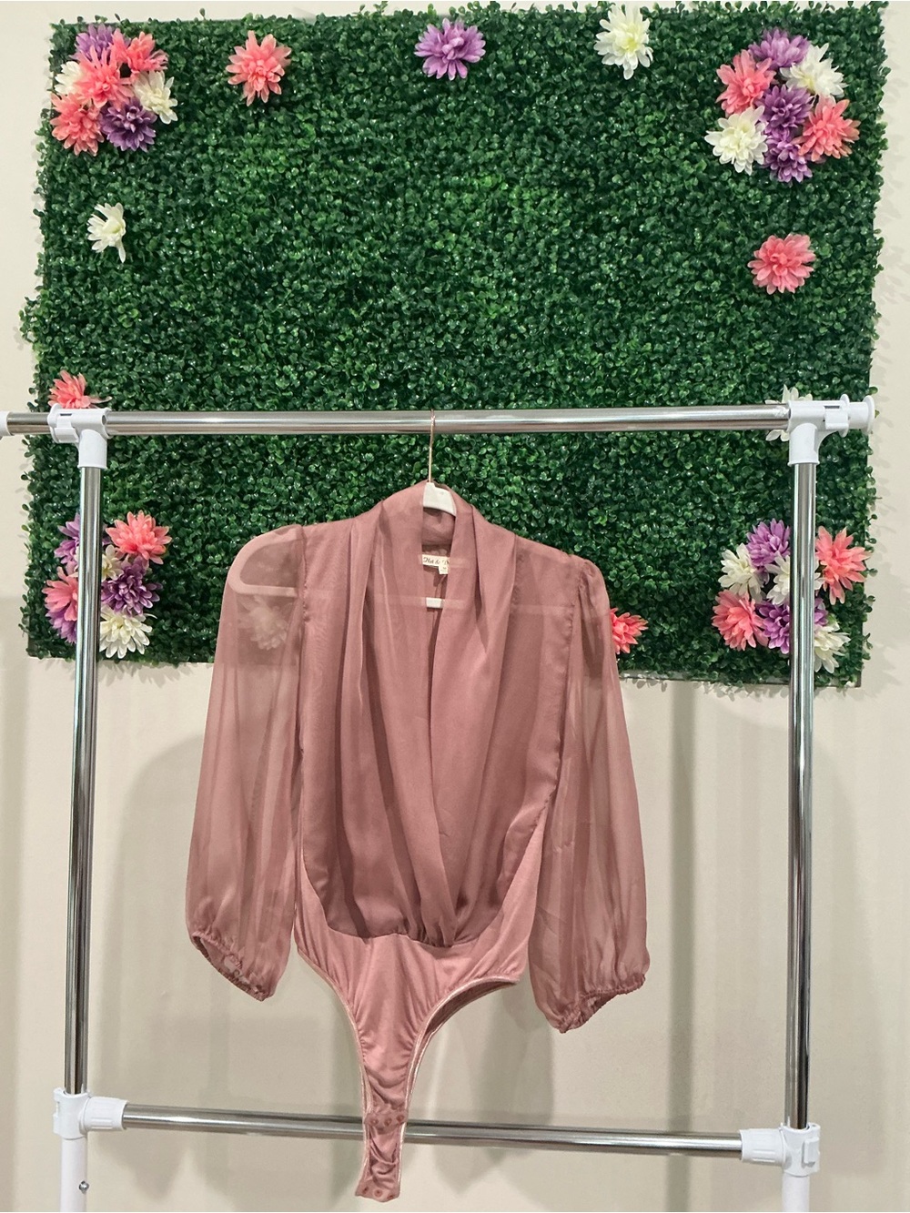 Sheer Draped Wrap Bodysuit in Mauve